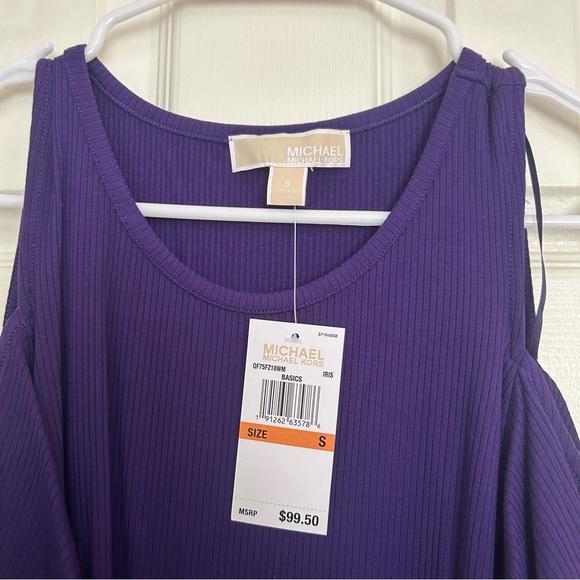 NWT Michael Kors Purple Ribbed Ruffle Cold Shoulder Top - Picture 2 of 16